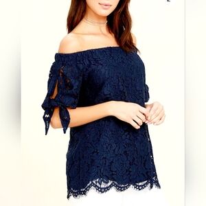 Lulus Ethereal View Navy Blue Lace Off/On Shoulders Blouse Lined XS